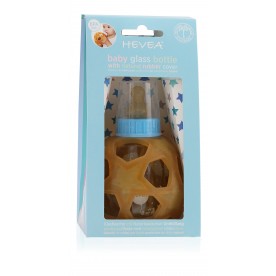 Biberon din sticla, cu minge de cauciuc natural, Hevea, Bleu 150 ml