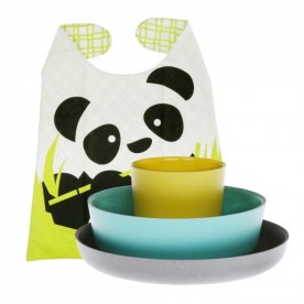 Serviciu de masa ecologic pentru copii, Set 4 piese din bambus + babetica, Panda, Biobu by Ekobo
