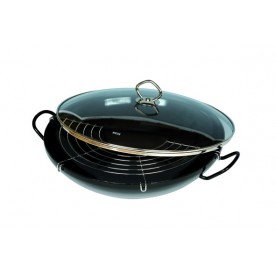 Wok din portelan emailat cu capac din sticla si suport pentru gratar Riess