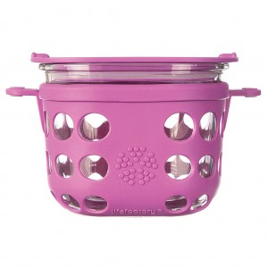 Caserola pentru depozitare si gatit din sticla, cu manson de silicon, LifeFactory, Mov 475 ml 