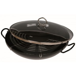 Wok din portelan emailat cu capac din sticla si suport pentru gratar Riess